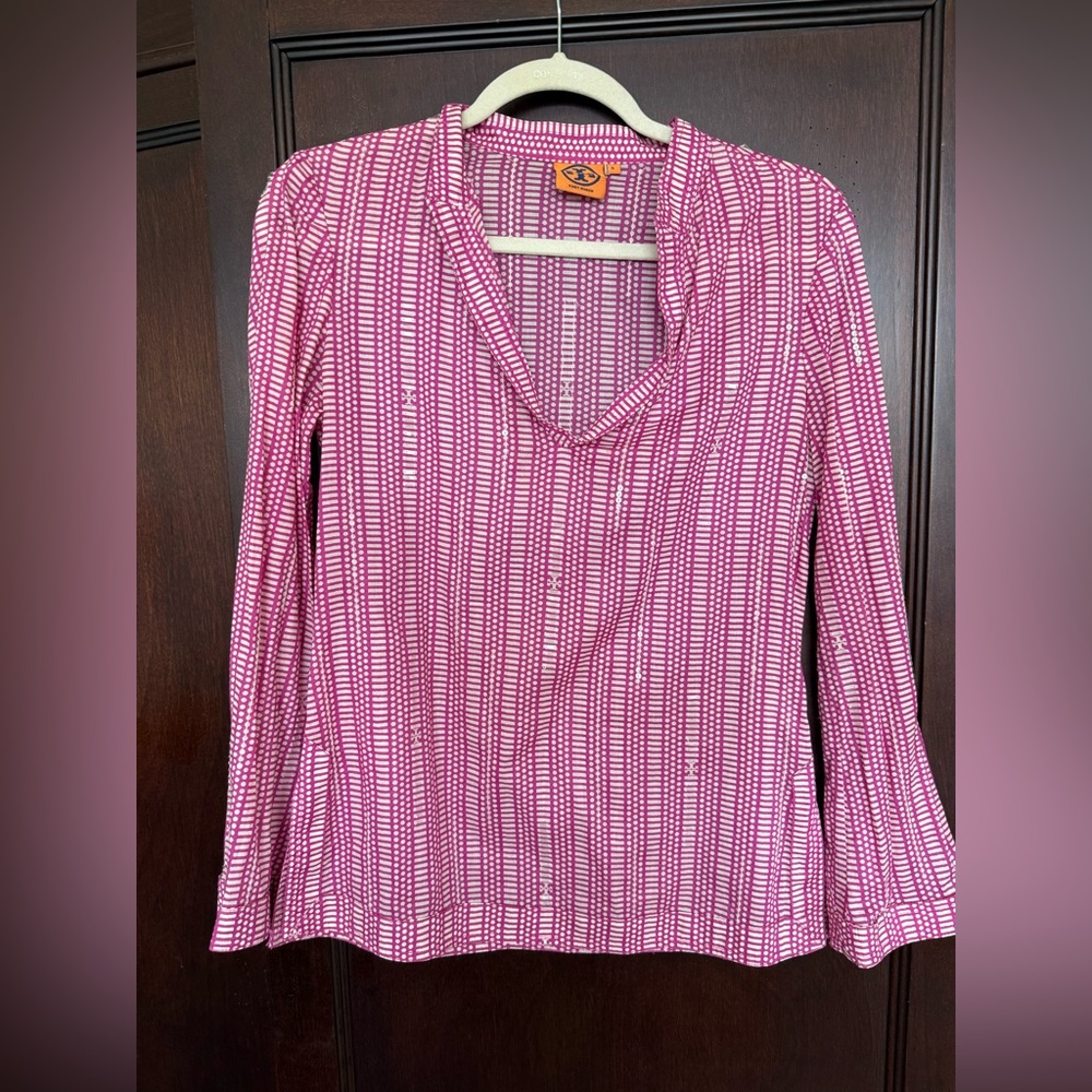 Tory Burch Branded Clear Lightly Sequined Tunic Top Pink & White Top 4